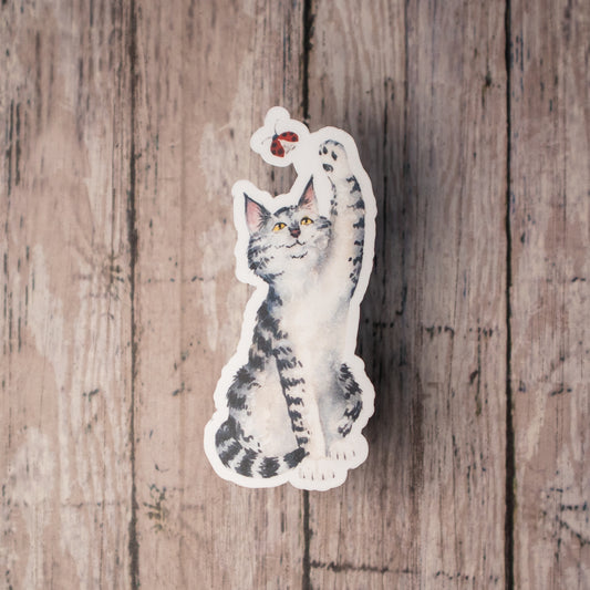 Sticker • Gray Tabby Kitty with Ladybug